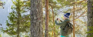 Nainen ottaa kameralla kuvaa metsässä